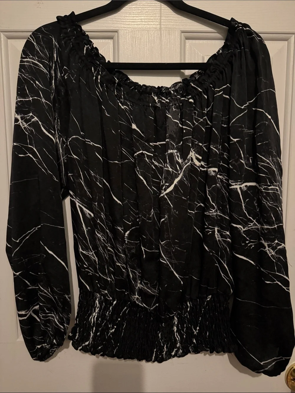 Michael Kors Black Marble-Print Off-Shoulder Blouse